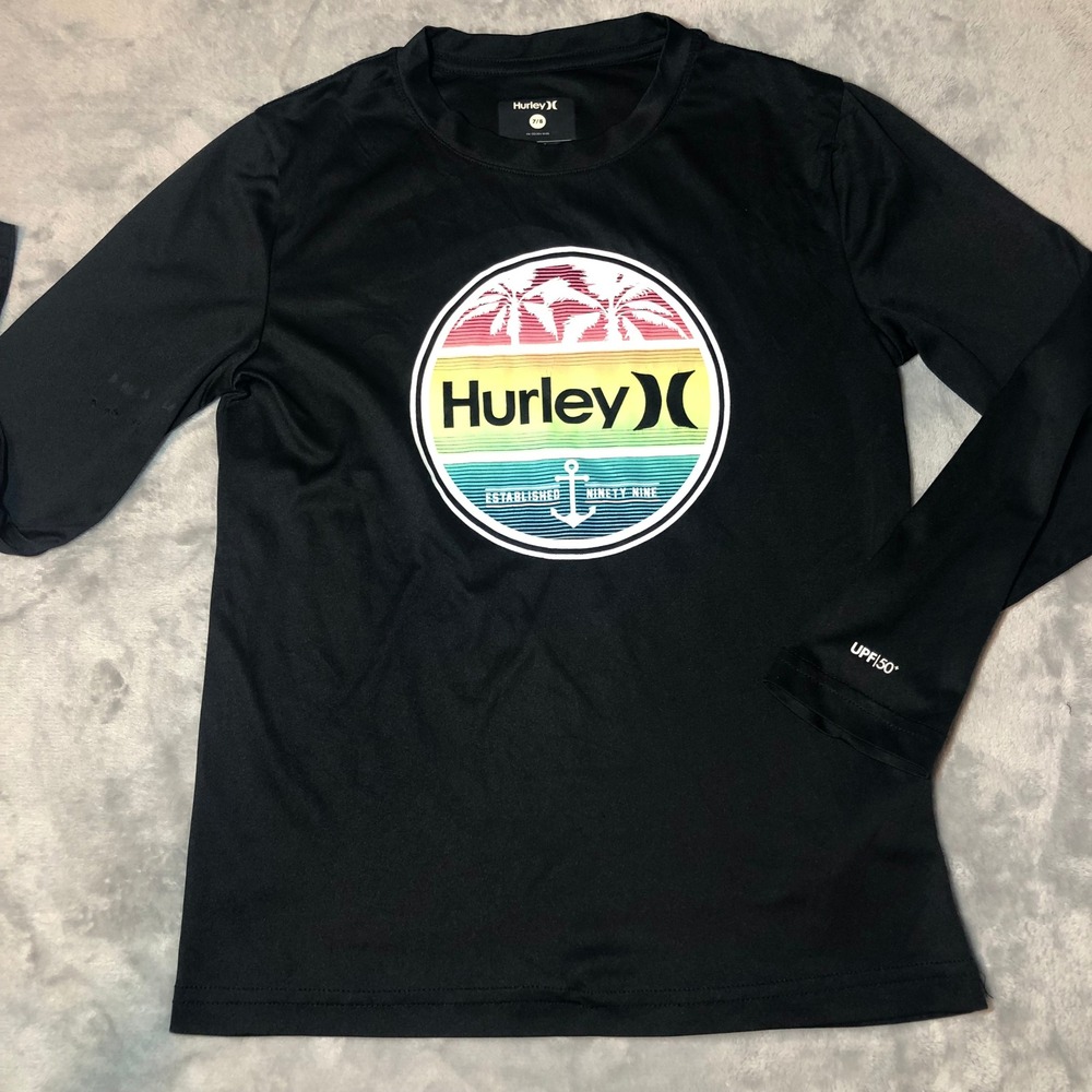 Hurley Kids Black Long Sleeve Rash Guard Boys Size 7/8 UPF 50+ Sun Shirt Flaw